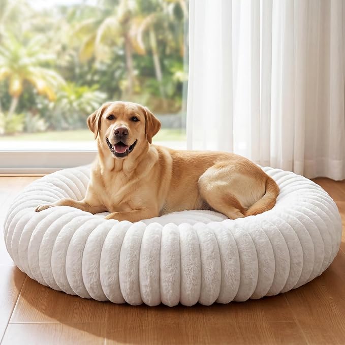 Donut Dog Bed for Large Dogs - Pet Bed with Removable Cover, Self-Heating Winter Pet Beds for Medium & Big Dogs, Egg Tart Design (L) Dog beds Medium Sized Dog self Warming
