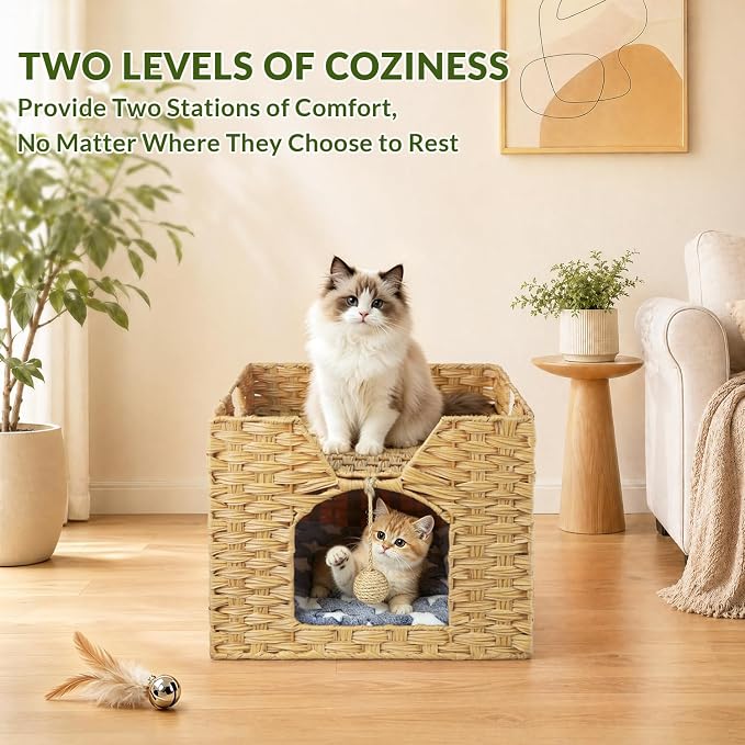 Handwoven Rattan Cat Bed Indoor Kitten, Cat Bed Cave with Cushion, Sisal Ball & S-Shaped Hooks, Foldable Hideaway Cat House for Bedroom Living Room, Natural
