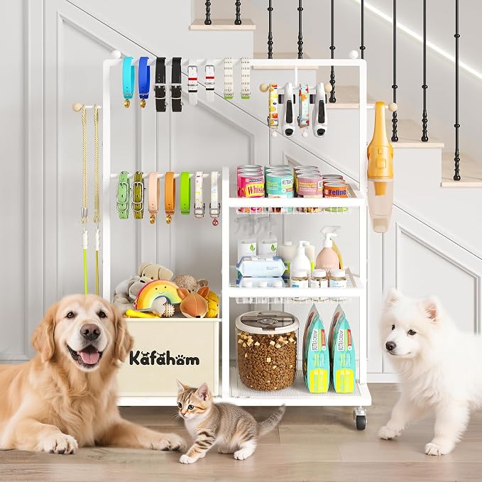 Dog Toy Basket, Basket For Dog Toys Living Room, The Stuff For Dogs, Cat Toy Box, Dog Toy Bin, Toy Chest Storage, All-in-One Pet Supplies Organizer with Leash Hanging Rail and Locking Casters