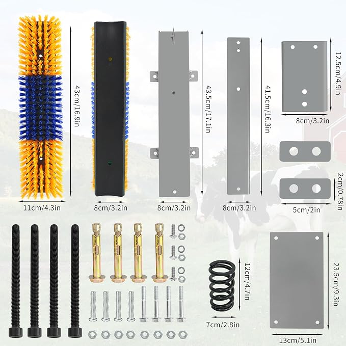 Livestock Scratch Brush With Spring Iron Holder，Animal Back Scratching Brush Including 4pcs goat brushes, 4 stands and accessories For Cow,Cattle,Sheep, Horses,Pigs，Massage Grooming Tool（Yellow）