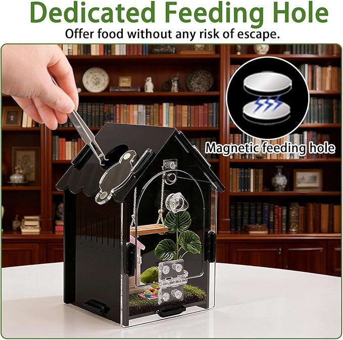 Jumping Spider Enclosure Kit, 3.15x3.15x5.6 Inch Acrylic Terrarium with Magnetic Lock & Feeding Hole, Escape-Proof Mini Habitat for Tarantula, Mantis, Reptiles, Cricket Keeper
