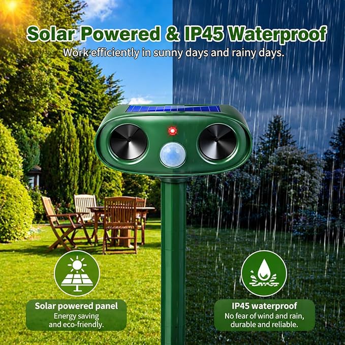 2026 Solar Animal Repellent Outdoor 4 Pack Ultrasonic Squirrel Deer Repellent with Motion Sensor, Waterproof Cat Deterrent Device for Yard Garden Farm, Keep Bird Cat Squirrel Deer Rabbit Away