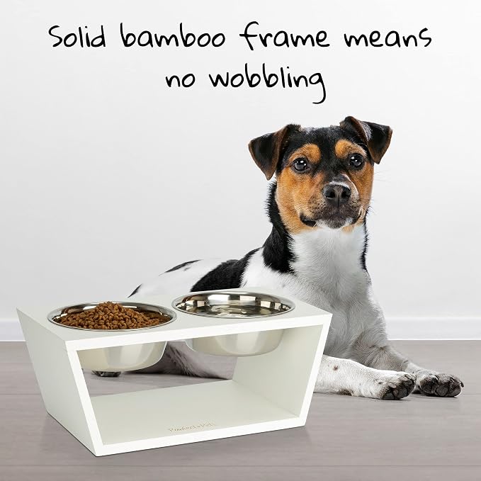 Elevated Dog Bowl Stand- 7" Raised Dog Bowl for Medium Dogs. Pet Feeder with Four Stainless Steel Bowls (White)