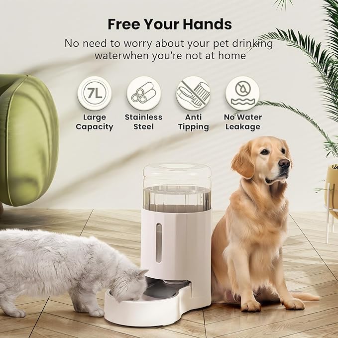 CZPET Dog Water Bowl Dispenser, 7L Automatic Dog and Cat Water Dispenser with Stainless Steel Bowl, Gravity Waterer, Large Capacity, and Quiet Drinking Area for Pets (7L,White)
