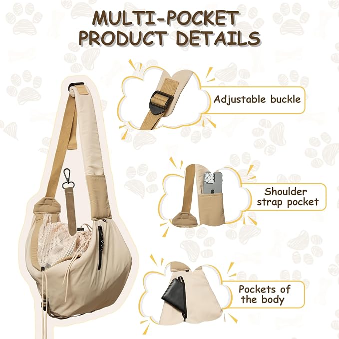 Dog Carrier Sling for Small Dogs/Cats Up to 15 lbs - Multi-Pocket Oxford Pet Sling Carrier Bag with Adjustable Strap (Beige)