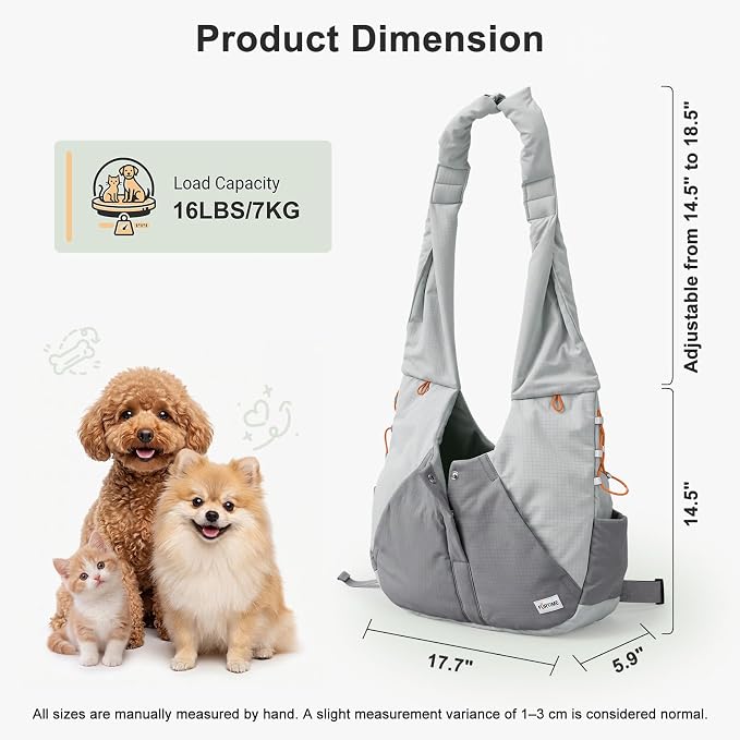 FURTIME Dog Sling Carrier, Puppy Sling for Small Dogs Up to 16 lbs | 2-in-1 Backpack and Shoulder Bag, Hands-Free Pet Carrier with Safety Tether & Adjustable Strap for Outdoors, Grey