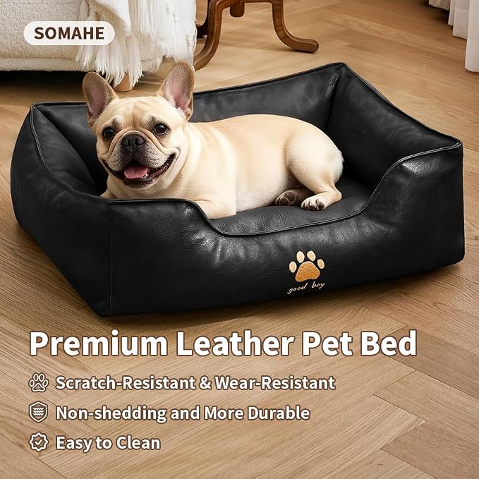 SOMAHE Waterproof Leather Dog Bed, Bolster Couch, 24x19x9 Black | Wipe-Clean Waterproof Leather + Removable Cushion: raised bolsters create a cozy bed for small-medium dogs.