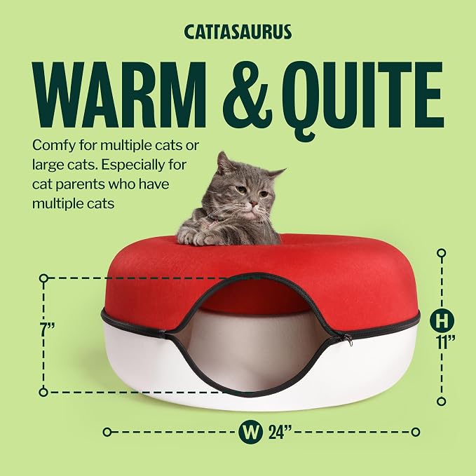 Peekaboo Cat Cave Donut for Multiple & Large Cats up to 30-45 lbs, 3-in-1 Self Warming Cat Bed, Tunnel & Scratcher for Indoor Cats, Washable & Detachable Dog Bed (Ruby Snowball, Large)