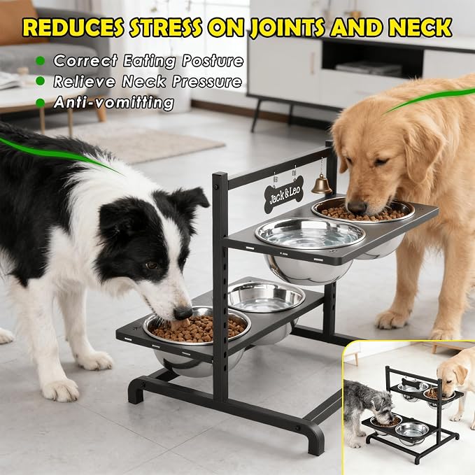 SHAINFUN Elevated Dog Bowl Stand with 4 Stainless Steel Bowls (58oz) & 1 Slow Feeder, 9 Height Adjustable Raised Dog Bowl from 4.9" to 14.5" for Large Dogs & Multi-Pet Homes