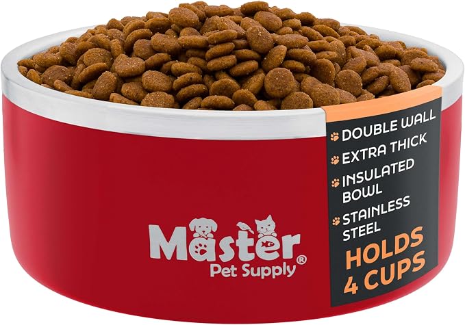 Master Pet Supply Stainless Steel Dog Bowls - 32 oz, Heavy Duty - Crimson Flame, Double Wall Extra-Thick Insulated, Non-Slip Pet Water Bowl for Dogs, Cats & Pets, Anti Rust Metal, Dish Washer Safe
