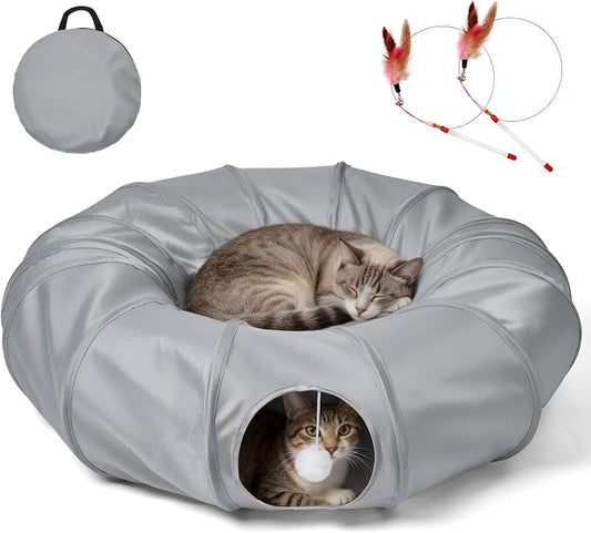 Cat Tunnel Bed with 2Pcs Interactive Toys, 3-in-1 DIY Collapsible Plush Cat Tube with Washable Mat, Large Indoor Play Tunnel Cave for Kittens and Small Animals