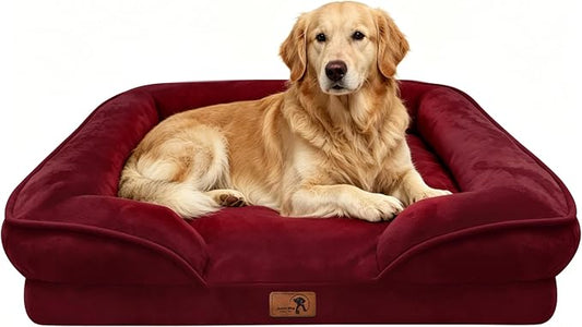 Spotted Play Orthopedic Dog Bed with Sides - Sofa Beds for Extra Large Dogs, Supportive Foam Pet Couch Bed with Washable Removable Cover, Waterproof Lining and Non-Slip Bottom, Burgundy - XL