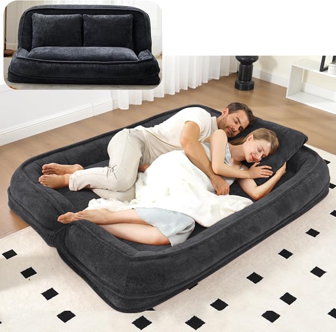 Foldable Lazy Sofa Bed, Double Human Dog Bed for Adults, Black | Skin-friendly Breathable Soft Chenille Upholstered, 5 Adjustable Backrest Positions, 3 Soft Cushions for Living Room