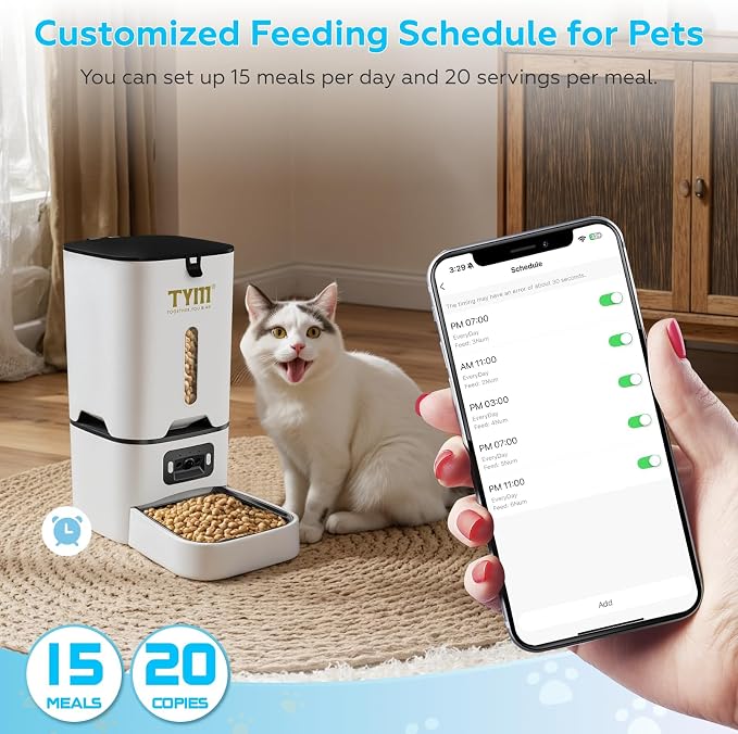 TYM Automatic Cat Feeder with Camera, 5G WiFi Food Dispenser for Small Pets | Two-way Voice | Night Vision | Separation Anxiety | Weight / Diet Control | Programmable Timer | APP Remote Control