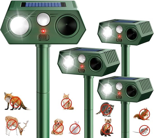 2026 Upgraded Solar Ultrasonic Animal Repeller Outdoor, Waterproof Motion Activated Repellent with Flash Light for Deer Cat Squirrel Raccoon Rabbit Dog Garden Yard (4 Pack)