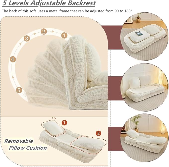 Foldable Lazy Sofa Bed with 5 Levels Adjustable Backrest, Beige | Comfy Upholstered Human Dog Bed for Adults and Pets, Lazy Floor Lounger with 2 Soft Cushions for Living Room Bedroom