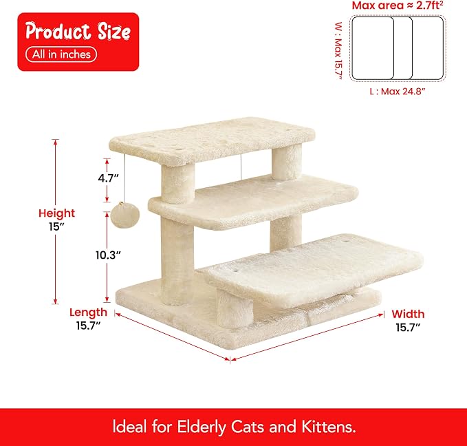 15''H Multi-Step Pet Stairs for High Beds & Sofas, 3-Step Cat Stairs with 2 Toy Balls, Wide Boards for Indoor Kittens Dogs Pets Climbing, Beige