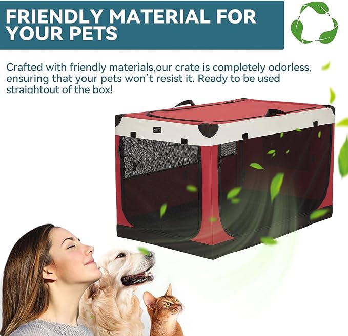PETSFIT 40" Soft Portable Dog Crate – Patented Spiral Sturdy Frame, Collapsible Travel Kennel for Large Dogs, 3 Mesh Door, Lockable Zippers, Indoor & Car Use Red