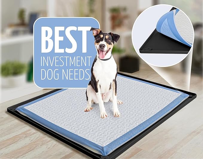 Dog Pee Pad Holder Tray Fits for 30” x 23” Pee Pads - 2 Pack - Black | Corner Lock Holes, Raised Edges, Non-Spill, Easy to Clean Silicone Dog Potty Tray Holder, For Indoor Floor Protection
