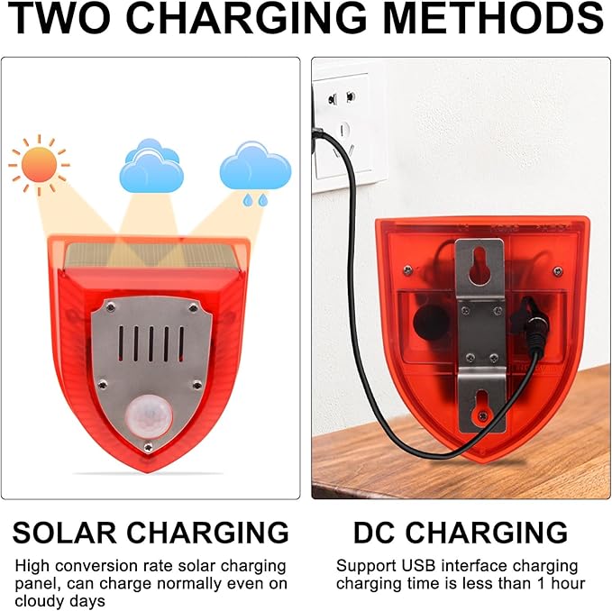 Qualirey 6 Pcs Solar Alarm Motion Detector with Sound Outdoor Motion Sensor 129db Barking Dog Strobe Light Gunshot Sound Alarm Detector Noise Maker Warning Lamp for Home Villa Yard Farm