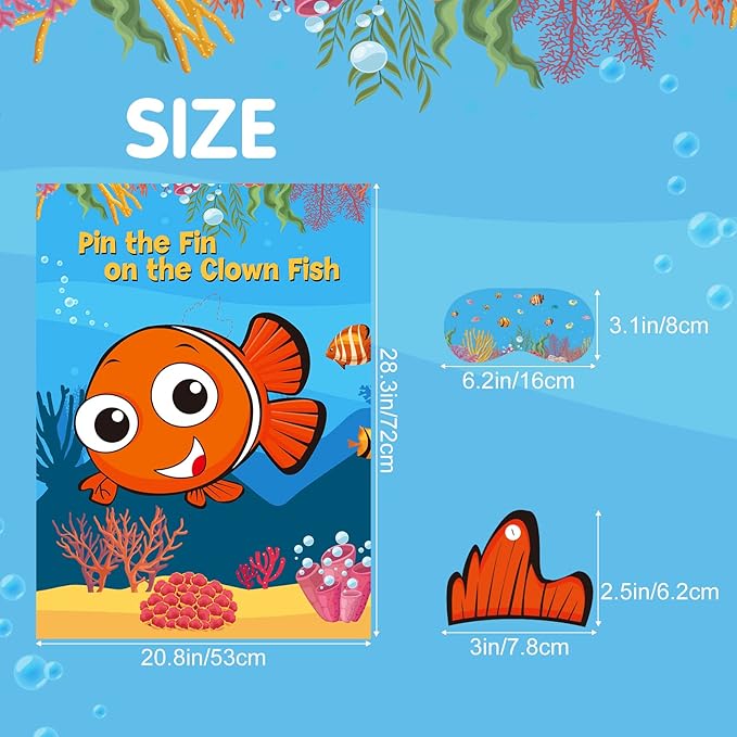 NEBURORA 2 Pack Pin The Fin on The Clownfish Party Game 2 Large 21"x 28" Posters with 48pcs Stickers Ocean-Themed Birthday Party Supplies Decorations for Kids Boys Classroom Game Wall Home Decor