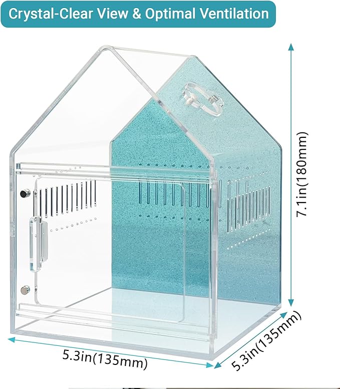 Magnetic Acrylic Spider Enclosure 5.3x5.3x7.3 Inch, House Shape Terrarium with Blue or Purple Background for Jumping Spiders, Tarantula Slings & Mantis, Escape-Proof Habitat (Blue)