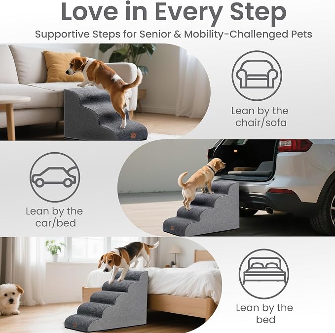 GoGoBunny Dog Stairs for Small Dogs, 3-Step Pet Steps for Couch Sofa, Grey | 15.7" H Pet Ramp, Non-Slip Waterproof Fabric Cover, Stable and Balanced Indoor Step, Pet Friendly