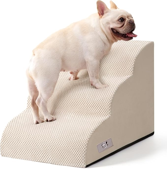 Dog Stairs for Small Dogs & Cats,3 Steps Non-Slip Pet Ramp for Couch,15.7"H | Airpanda Pet Stairs with Washable Cover & High-Density Foam,Gentle Curved Design,Ideal for Senior & Short-Legged Dogs,Beige