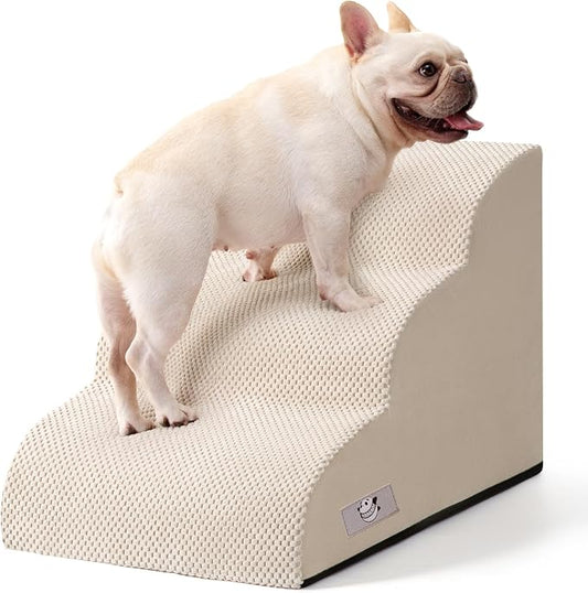 Dog Stairs for Small Dogs & Cats,3 Steps Non-Slip Pet Ramp for Couch,15.7"H | Airpanda Pet Stairs with Washable Cover & High-Density Foam,Gentle Curved Design,Ideal for Senior & Short-Legged Dogs,Beige