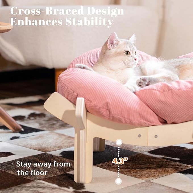 Elevated Cat Bed for Indoor Cats Couch Sofa Flower | Pet Beds with Soft Washable Cushion, Stable Wooden Frame, Raised Cat Hammock & Furniture for Kitty & Puppy All-Season(Pink)