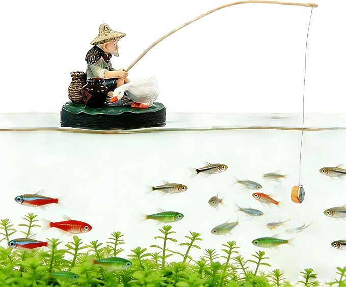 Fish Tank Decorations Floating Fish Tank Decorations,Retro Fisherman Sculpture Fish Tank Decoration with Three Small Ornaments with Mini Fishing Rod Funny Cool for Betta Bowl Zen Aquariums