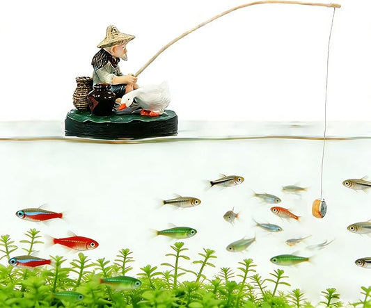 Fish Tank Decorations Floating Fish Tank Decorations,Retro Fisherman Sculpture Fish Tank Decoration with Three Small Ornaments with Mini Fishing Rod Funny Cool for Betta Bowl Zen Aquariums