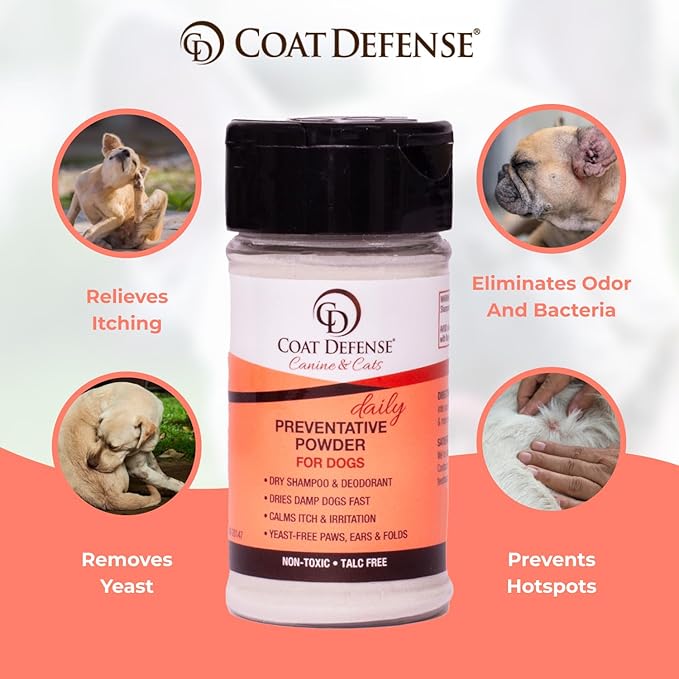 COAT DEFENSE Daily Preventative Powder | Made in USA | 3.5oz Waterless Dog Shampoo & Pet Deodorizer for Smelly Dogs | Provides Anti Itch Relief | Dog Shampoo for Dry Itchy Skin