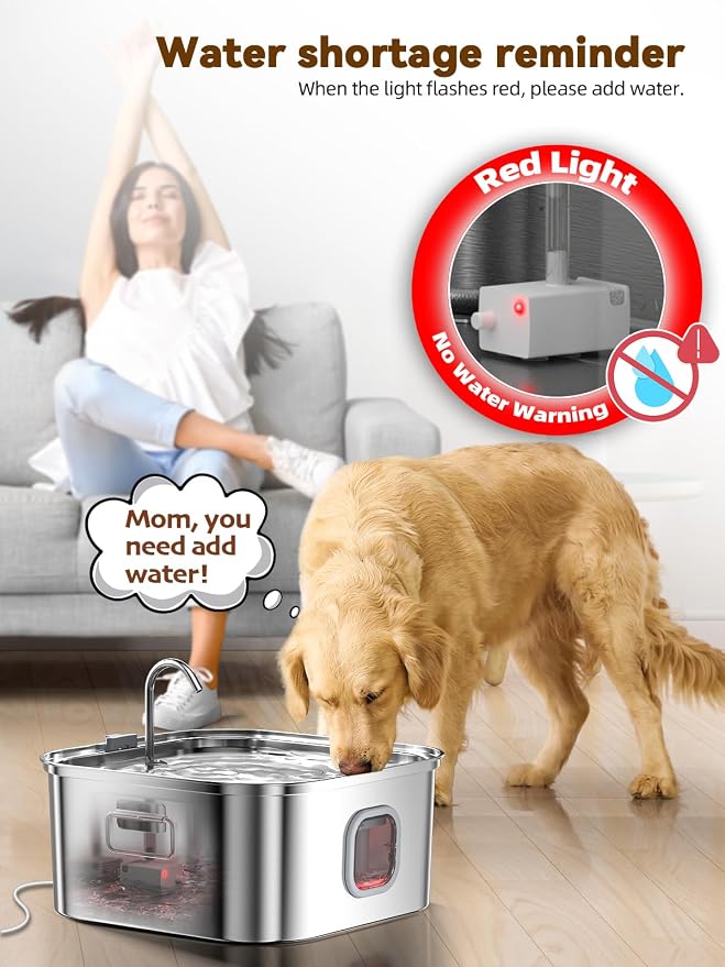 Dog Water Fountain Stainless Steel, 410oz/3.2Gal/12L Large Pet Water Fountain for Large Dog, Dog Water Bowl Dispenser with Water Level Window & LED Indicator, Super Quiet, with 2pcs Filters