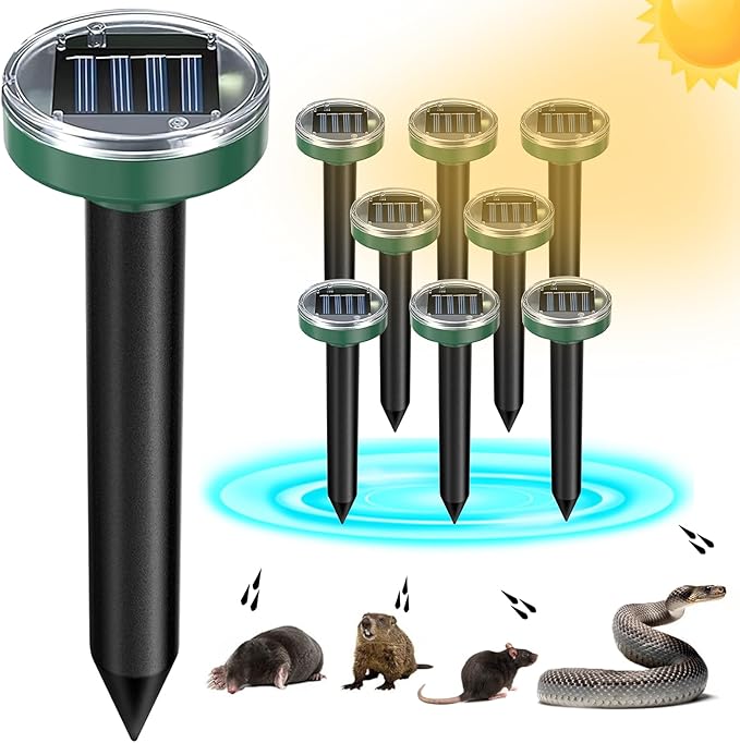 8 Pack Mole Repellent Solar Powered Snake Repellent Ultrasonic, Gopher Repeller Sonic Mole Deterrent Spikes, Snake Gopher Vole Repellent Outdoor for Lawn Garden & Yard-Green