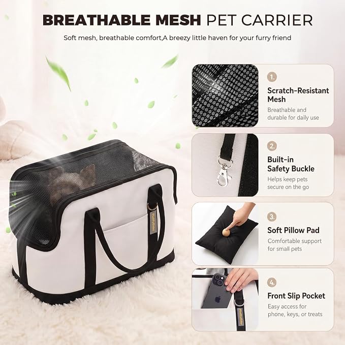 JourCraf Dog Carrier for Small Dogs, Soft Sided Cat Carrier with Hard Bottom, Breathable Mesh Top, Safety Leash, Padded Shoulder Strap, Fits Pets up to 13 lbs, for Travel, White