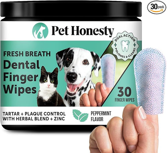 Dog Dental Finger Wipes for Teeth Cleaning Plaque Off - Dental Care for Dogs & Cats, Stain & Tartar Remover for Teeth, Finger Toothbrush Wipes, Fresh Breath & Gum Care with Zinc + Green Tea - 30 ct