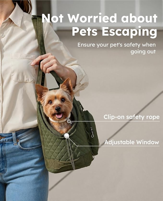 Pecute Dog Purse Carrier, Dog Carrier with Pockets for Small Dogs, Fits Dogs 5 lbs to 9 lbs, Cat and Puppies Tote Bag, Outing, Travel, Vet, Green | Breathable,Foldable,Large Pocket,Built-in safety Rope,Machine washable,Under 9 Lbs