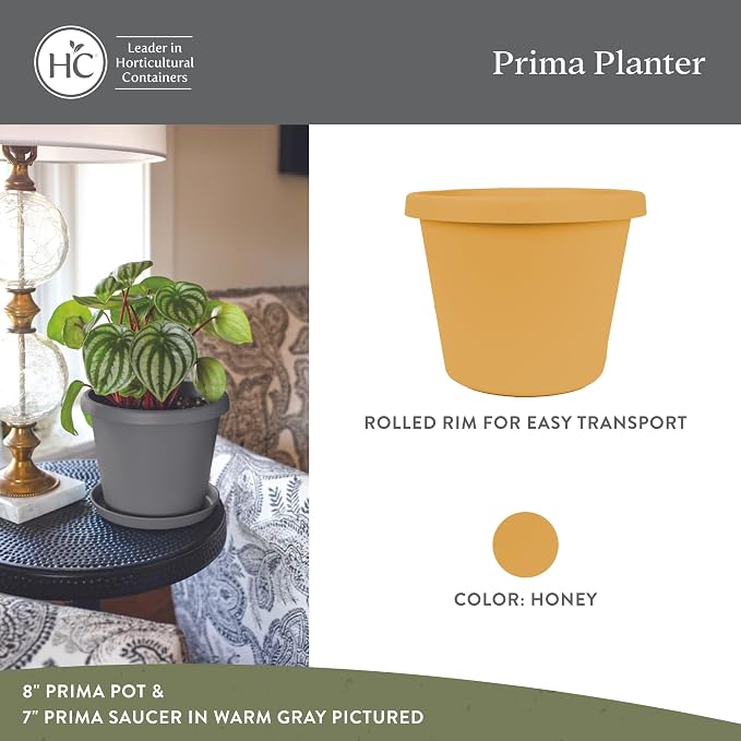 The HC Companies 16 Inch Prima Round Planter Pots with Drainage Holes and Rolled Rim, Lightweight UV-Resistant Plastic Indoor & Outdoor Planters, 2-Pack Flower Pots for Garden & Home Decor, Honey