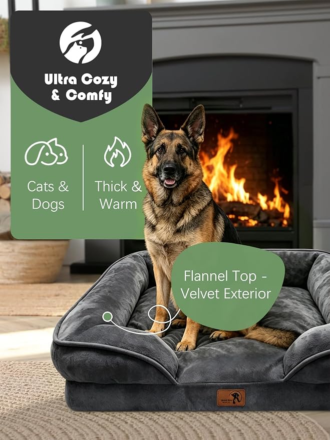 Spotted Play Orthopedic Dog Bed with Sides - Sofa Beds for Extra Large Dogs, Supportive Foam Pet Couch Bed with Washable Removable Cover, Waterproof Lining and Non-Slip Bottom, Dark Grey - XL