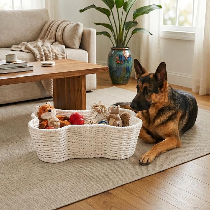 OtterPets Dog Toy Basket, Bone Shaped Cotton Rope Dog Toy Bin, Large 23x15 | Handmade dog and cat toy organizer, large 23 x 15 in; cotton rope construction; dog toy bin