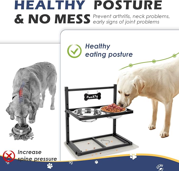 ADENGL Elevated Dog Bowls with Slow Feeder, 5 Adjustable Heights, Anti-Slip, Durable Metal Frame, Spill Proof Mat, Rust-Resistant Bowls, Easy to Clean