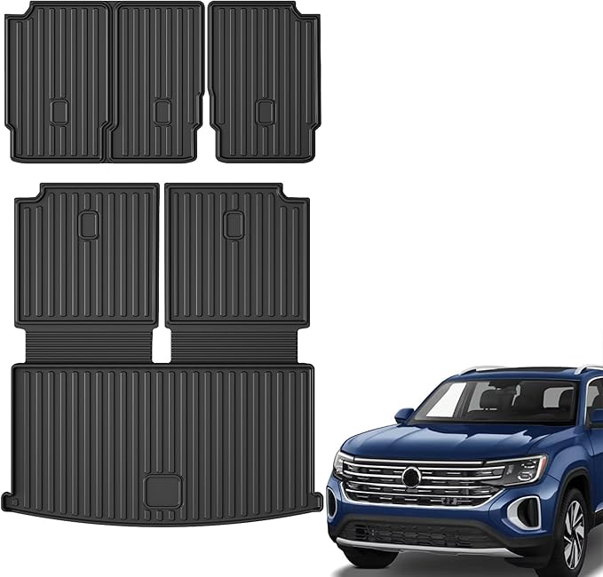 AOMSAZTO Cargo Mat and Backrest Mat Compatible with Volkswagen Atlas 2018-2025 2026 (NOT for Cross Sport): TPE All Weather Protection VW Atlas Cargo Liner - 2nd&3rd Row Backrest +Trunk Mats