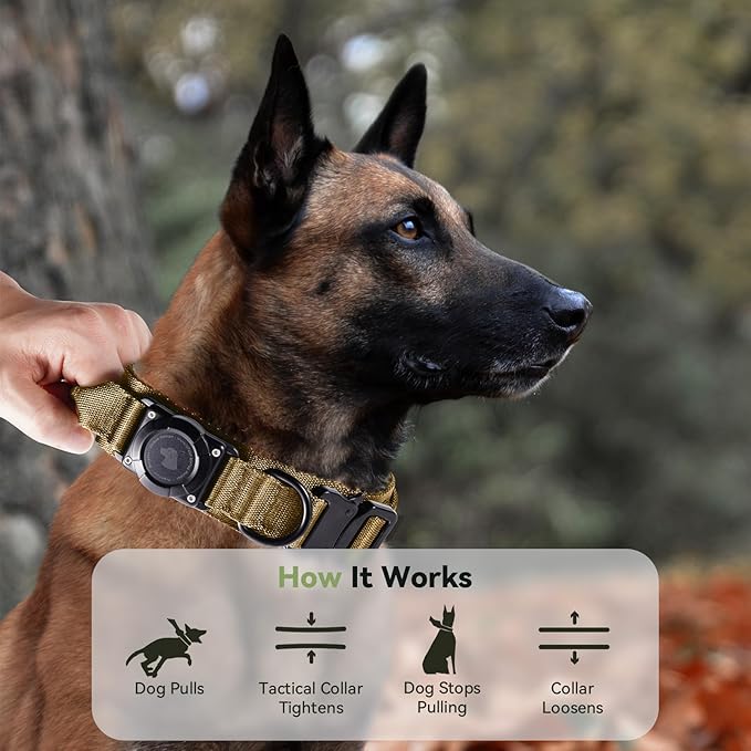 2026 Upgrade Waterproof AirTag Dog Collar, Military Tactical Dog Collar with AirTag Holder, Comfortable Control Handle and Metal Buckle, GPS Dog Collar Holder for Medium to Large Dogs (Khaki, M)
