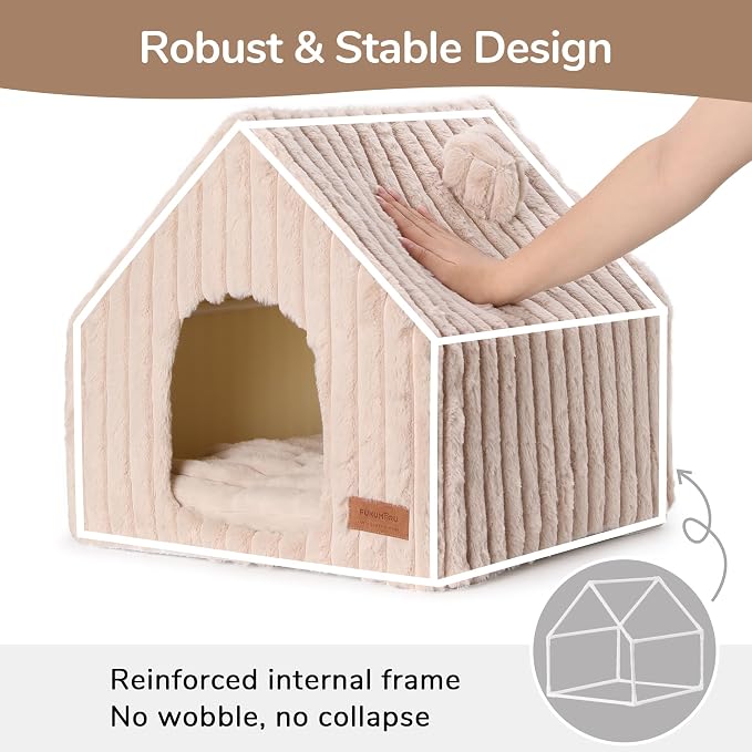 FUKUMARU Cat Bed Cave, Enclosed Washable Covered Dog Bed with Support Frame | Large Cat House for Indoor Cats, Cozy Cat Hideaway for Anxious Cats, Soft Plush Faux Fur Cat Tent Bed, Non-Slip Bottom