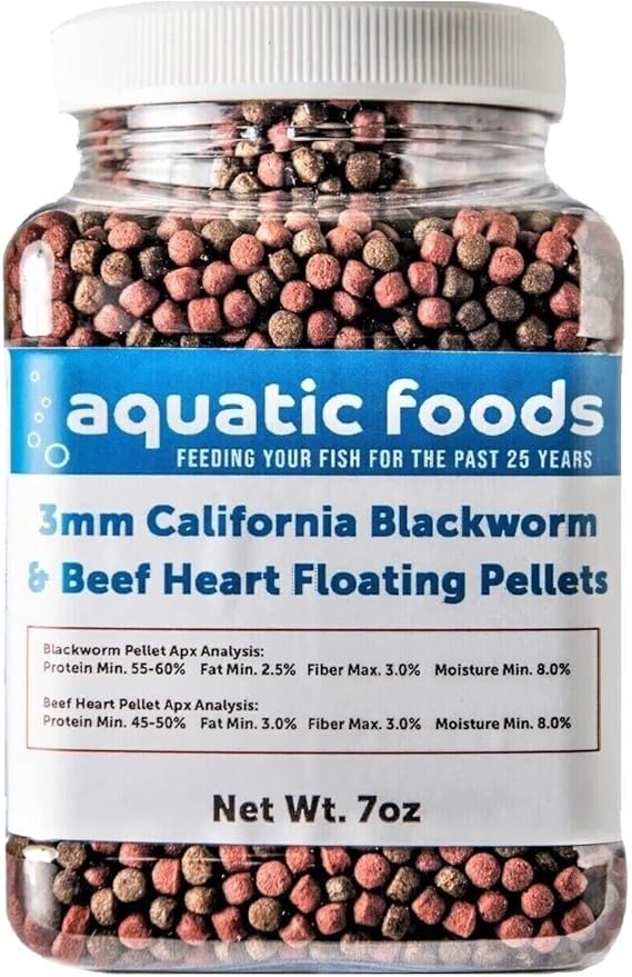 Aquatic Foods Inc. 3mm California Blackworm & Beef Heart Floating Pellets, for Discus, Cichlids All Tropicals, Koi and Pond Fish…7oz Small Jar
