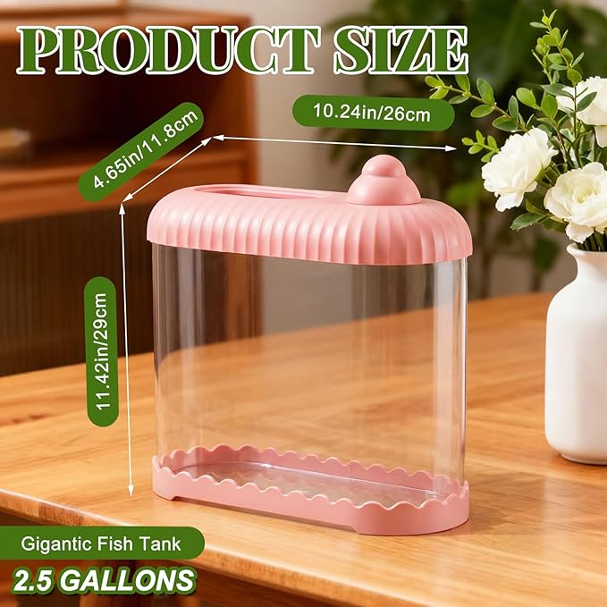 Geelin Pink 2 Gallon Plastic Aquaponic Betta Fish Tank Large Bowl Shatterproof Small Ecosystem Aquarium with Secure Buckle Lid, Clear Clarity for Terrarium, Flower Vase Betta Fish Tabletop Gifts