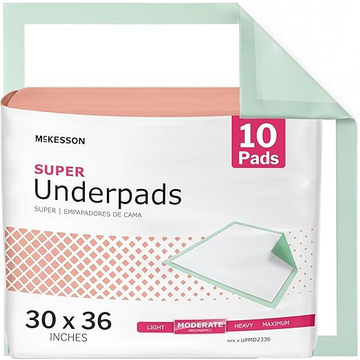 McKesson Super Underpads, Moderate Absorbency, 30 x 36 in, 10 ct | Disposable Chux Pads for Adults, Elderly, and Baby, Pee Pads, Adult Incontinence Bed Pads