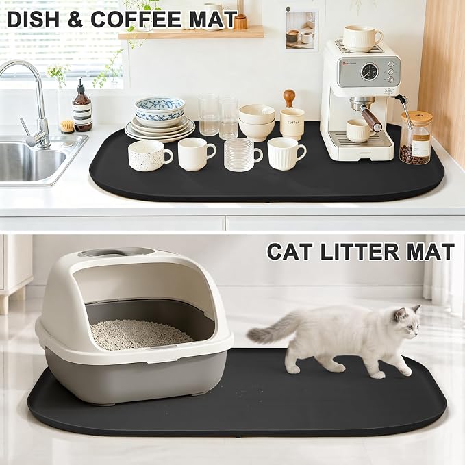 SMILOOL Waterproof Silicone Pet Food Mat with Raised Edge for Dog & Cat | 36" x 24" Non-Slip Large Pet Feeding Mats with Lip for Food & Water Bowl, Food Grade, Easy Cleaning, Black