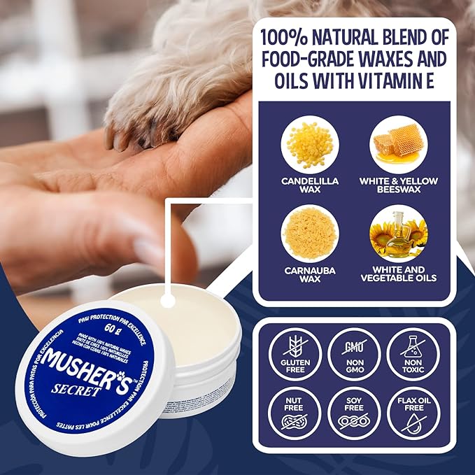 Musher's Secret Dog Paw Wax 60g – Moisturizing Dog Paw Balm – Helps Protect & Heals Cracked Paws – Creates an Invisible Paw Protectors Barrier – All-Natural Nose & Paw Balm with Vitamin E